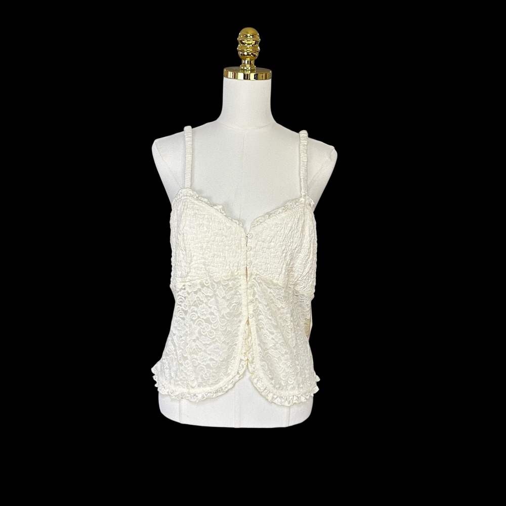 NWT La Peche Cream Lace Smocked‎ Camisole Button Front Tank Top Ivory Sleeveless